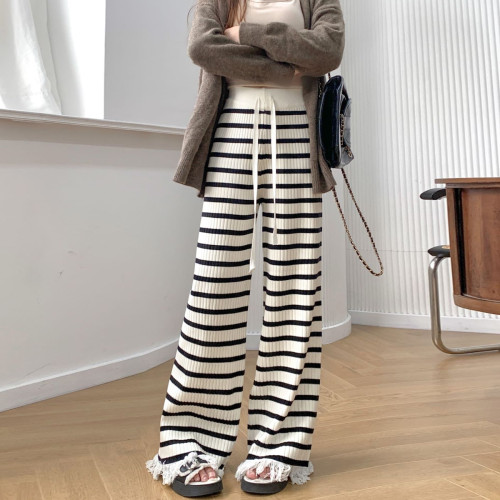 韓系穿搭黑白條紋軟糯針織長褲女秋冬高腰毛邊流蘇直筒休閒拖地褲