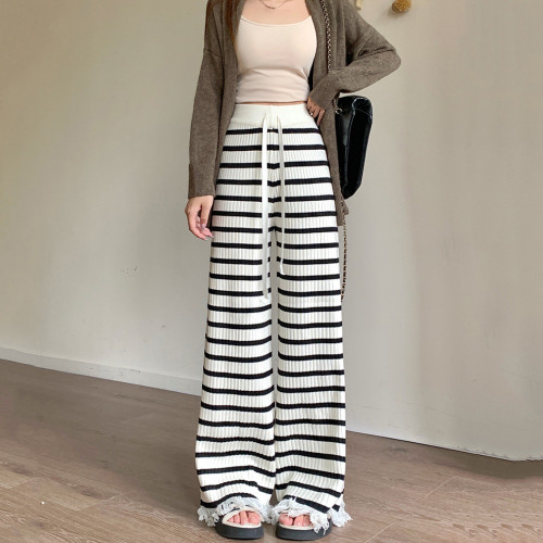 韓系穿搭黑白條紋軟糯針織長褲女秋冬高腰毛邊流蘇直筒休閒拖地褲