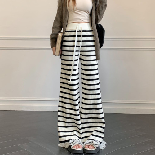 韓系穿搭黑白條紋軟糯針織長褲女秋冬高腰毛邊流蘇直筒休閒拖地褲