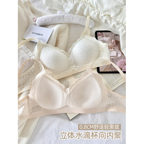 六隻兔子法式蕾絲內衣女輕聚攏波浪深V領胸罩無鋼圈側收副乳文胸