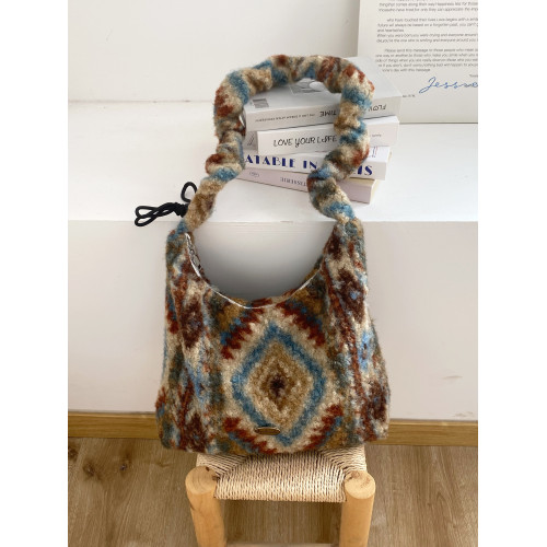 小衆復古格子毛絨抽繩腋下包韓版秋冬大容量慵懶風單肩斜背背心包