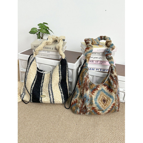 小衆復古格子毛絨抽繩腋下包韓版秋冬大容量慵懶風單肩斜背背心包