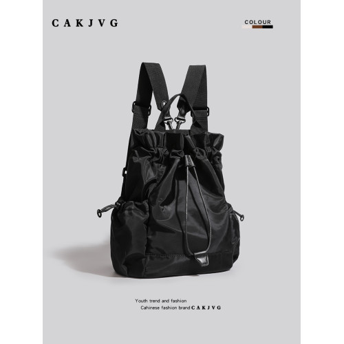 CAKJVG原創多口袋戶外抽繩雙肩包男女大容量休閒輕便防水尼龍後後背包