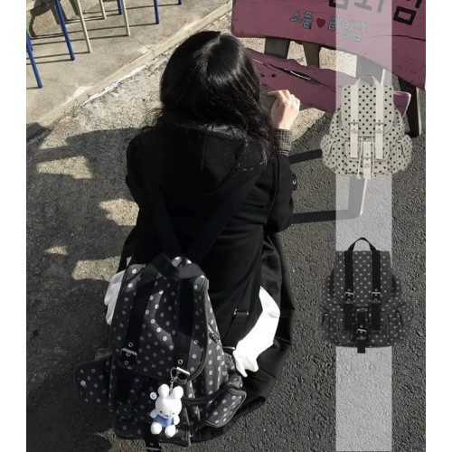 2025韓系小衆復古日系波點口袋雙肩包大容量書包學生上課休閒包