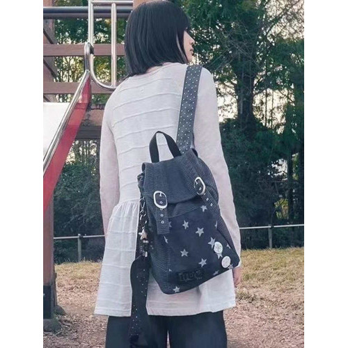 hugyourskin韓國小衆女包25春Y2K波點條紋星星牛仔雙肩包書包後後背包