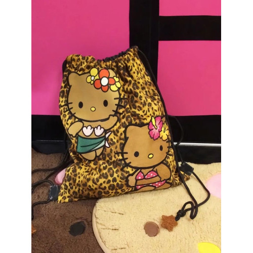 可愛黑皮豹紋卡通HelloKitty雙肩包抽繩輕便出遊包大容量出遊包