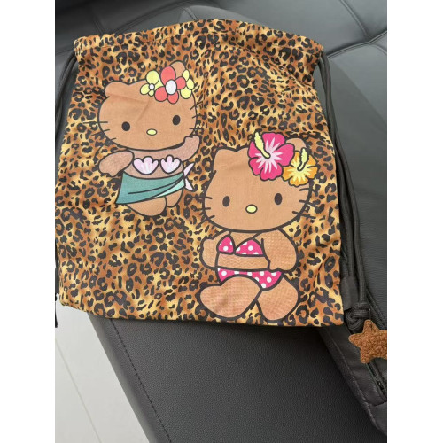 可愛黑皮豹紋卡通HelloKitty雙肩包抽繩輕便出遊包大容量出遊包
