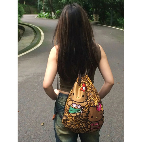 可愛黑皮豹紋卡通HelloKitty雙肩包抽繩輕便出遊包大容量出遊包