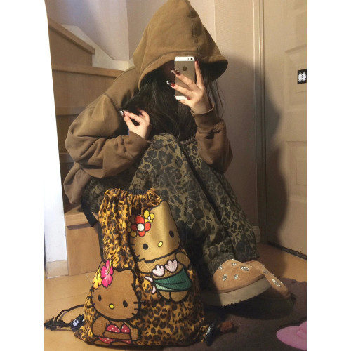 可愛黑皮豹紋卡通HelloKitty雙肩包抽繩輕便出遊包大容量出遊包