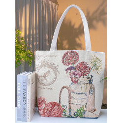 瓶中花雙面金絲提花刺綉帆布手提包單肩包休閒文藝學生上班通勤包