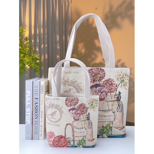 瓶中花雙面金絲提花刺綉帆布手提包單肩包休閒文藝學生上班通勤包 瓶中花雙面金絲提花刺綉帆布手提包單肩包休閒文藝學生上班通勤包