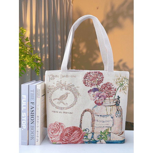 瓶中花雙面金絲提花刺綉帆布手提包單肩包休閒文藝學生上班通勤包 瓶中花雙面金絲提花刺綉帆布手提包單肩包休閒文藝學生上班通勤包