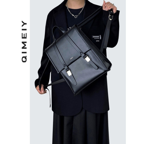 啓魅QiMeiy小衆設計復古雙肩包女上班通勤電腦包輕奢高級感皮後後背包