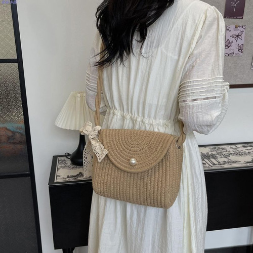 編織包包女2024新款夏季棉繩編織斜後後背包可愛韓版小方包百搭單肩包