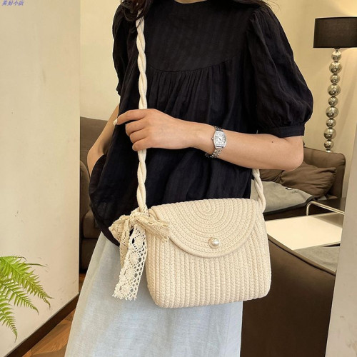 編織包包女2024新款夏季棉繩編織斜後後背包可愛韓版小方包百搭單肩包