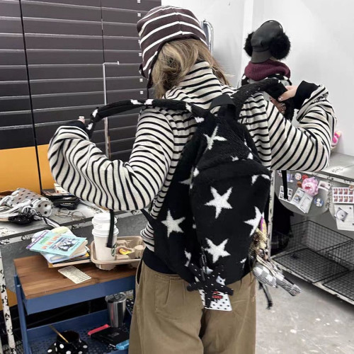 高顔值毛絨加厚簡約波點可愛星星大容量書包通勤輕便雙肩包後後背包