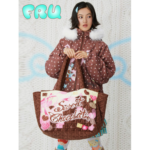 frufru咕嚕商店 天使甜點屋 秋冬原創大容量單肩巧克力雙面絎棉包 frufru咕嚕商店 天使甜點屋 秋冬原創大容量單肩巧克力雙面絎棉包