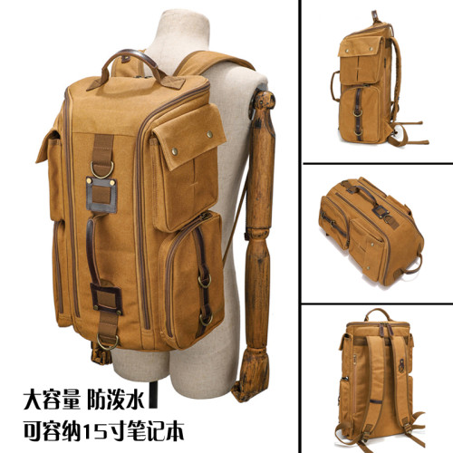 雙肩後後背包大容量休閒戶外多功能旅行電腦包防潑水復古帆布後後背包 雙肩後後背包大容量休閒戶外多功能旅行電腦包防潑水復古帆布後後背包