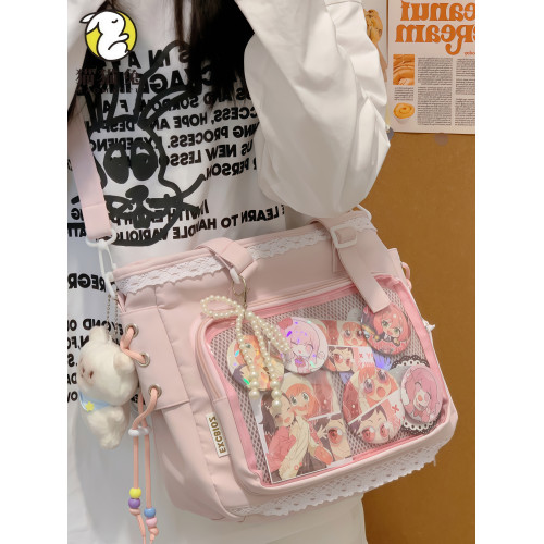 痛包二次元女透明斜背挎包粉色學生包包大容量手提包高顔值補習袋