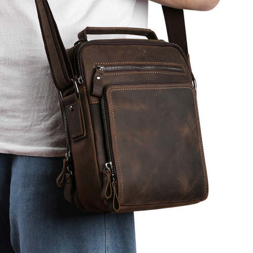 頭層牛皮商務復古單肩包男士真皮包瘋馬皮斜後後背包休閒手機包小方包