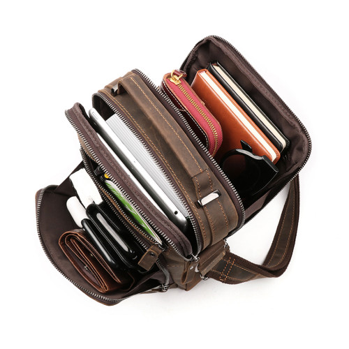 頭層牛皮商務復古單肩包男士真皮包瘋馬皮斜後後背包休閒手機包小方包