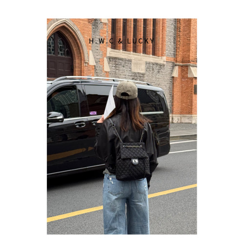 原創小衆後後背包女旅遊抽繩雙肩包新款設計感小衆鏈條菱格包尼龍布包