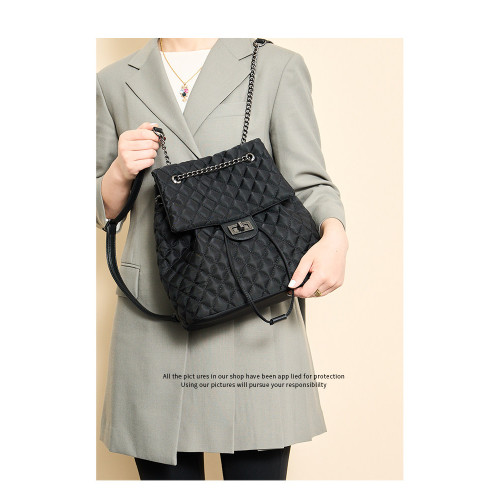 原創小衆後後背包女旅遊抽繩雙肩包新款設計感小衆鏈條菱格包尼龍布包