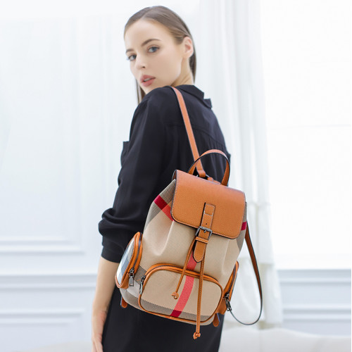 真皮雙肩包女2024新款時尚格紋大容量休閒後後背包女簡約流行旅行包潮