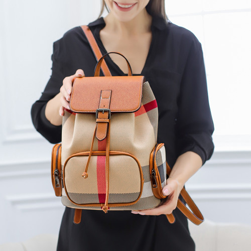 真皮雙肩包女2024新款時尚格紋大容量休閒後後背包女簡約流行旅行包潮