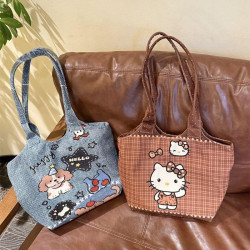 2025新款格子帆布包包女大容量新款HelloKitty通勤百搭單肩手提包