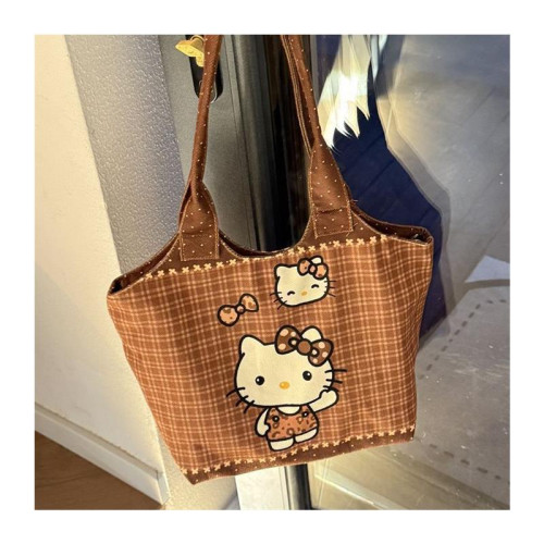 2025新款格子帆布包包女大容量新款HelloKitty通勤百搭單肩手提包