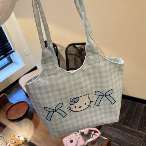 2025新款格子帆布包包女大容量新款HelloKitty通勤百搭單肩手提包