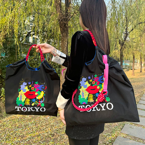 ball&chian日本刺綉東京紅脣環保袋斜背帆布購物袋單肩托特通勤包