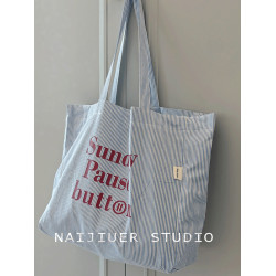 2025春夏新款托特包大容量字母條紋單肩包帆布包女簡約休閒