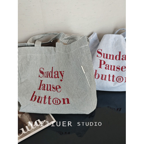 2025春夏新款托特包大容量字母條紋單肩包帆布包女簡約休閒