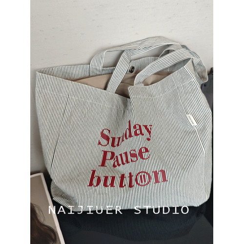 2025春夏新款托特包大容量字母條紋單肩包帆布包女簡約休閒