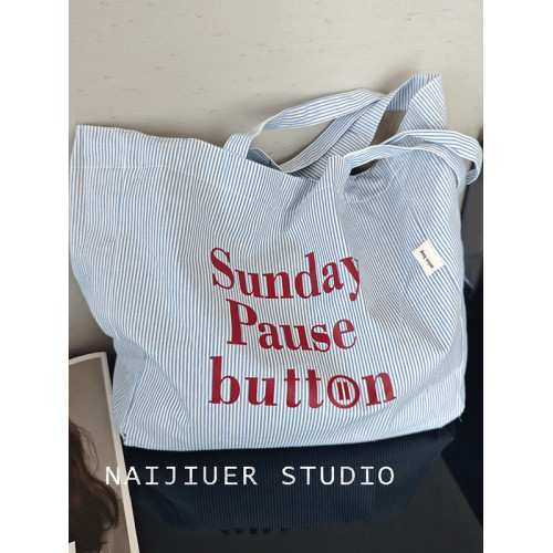 2025春夏新款托特包大容量字母條紋單肩包帆布包女簡約休閒