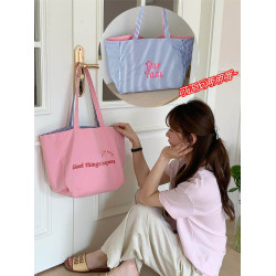 日系字母條紋雙面背帆布包大容量學生簡約慵懶風休閒單肩托特包女