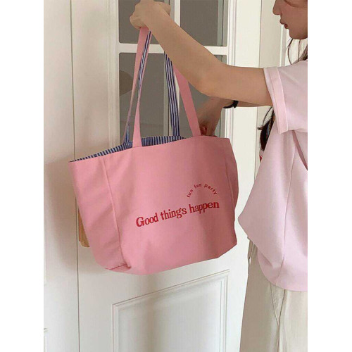 日系字母條紋雙面背帆布包大容量學生簡約慵懶風休閒單肩托特包女 日系字母條紋雙面背帆布包大容量學生簡約慵懶風休閒單肩托特包女