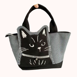 新款刺綉黑色貓咪大容量手提包通勤布藝逛街手拎包卡通胖貓百搭包