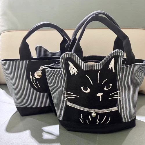 新款刺綉黑色貓咪大容量手提包通勤布藝逛街手拎包卡通胖貓百搭包