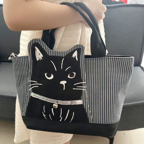 新款刺綉黑色貓咪大容量手提包通勤布藝逛街手拎包卡通胖貓百搭包