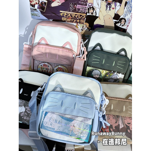 可愛貓咪單肩斜背痛包小食量透明吧唧穀子包女卡通新款學生小方包