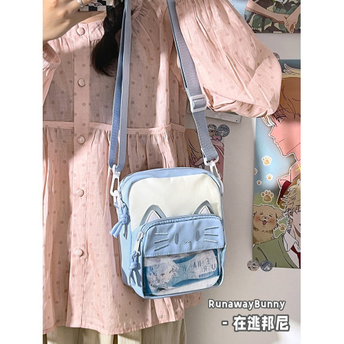 可愛貓咪單肩斜背痛包小食量透明吧唧穀子包女卡通新款學生小方包