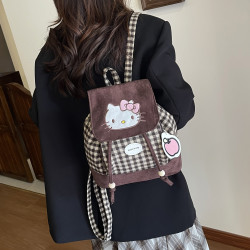 卡通刺綉貓咪格子迷你雙肩包女2025秋冬新款水桶包可愛外出小後後背包