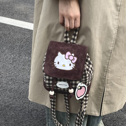 卡通刺綉貓咪格子迷你雙肩包女2025秋冬新款水桶包可愛外出小後後背包