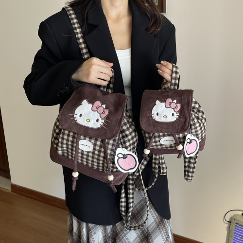 卡通刺綉貓咪格子迷你雙肩包女2025秋冬新款水桶包可愛外出小後後背包