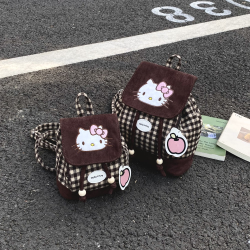 卡通刺綉貓咪格子迷你雙肩包女2025秋冬新款水桶包可愛外出小後後背包