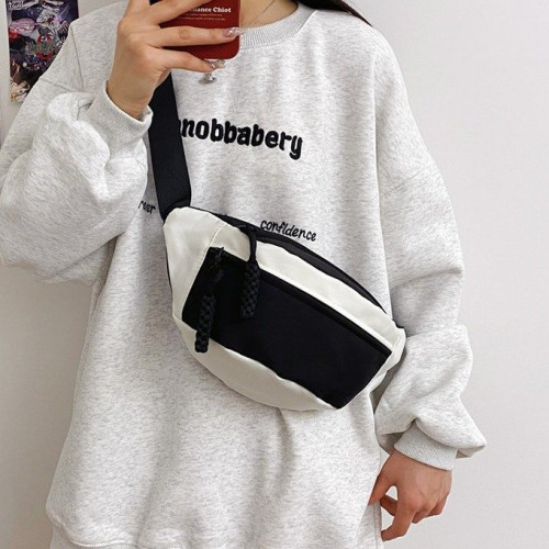 日系撞色胸包女ins休閒簡約斜後後背包2024新款學生運動小包百搭腰包
