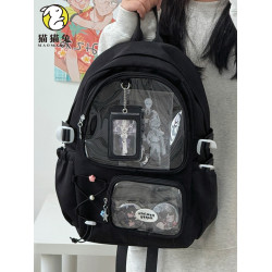 黑色痛包雙肩可愛大容量帶透明層後後背包娃包肩包初中生高顔值書包女